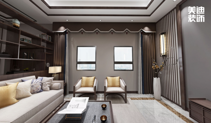 九龙领仕汇430㎡新中式风格案例效果图—客厅