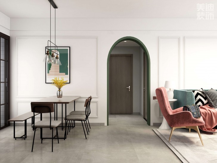 时代港湾89㎡复古风格案例效果图-客厅