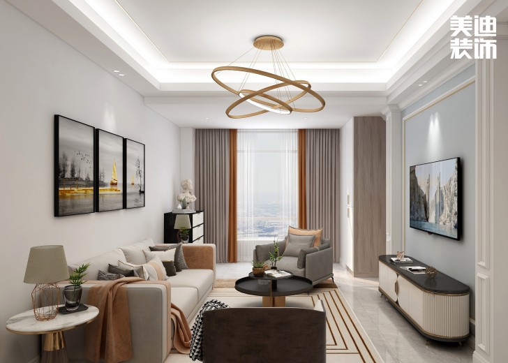 五矿万境水岸95㎡北欧轻奢风格案例效果图—客厅