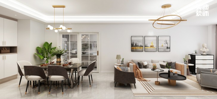 五矿万境水岸95㎡北欧轻奢风格案例效果图—客厅