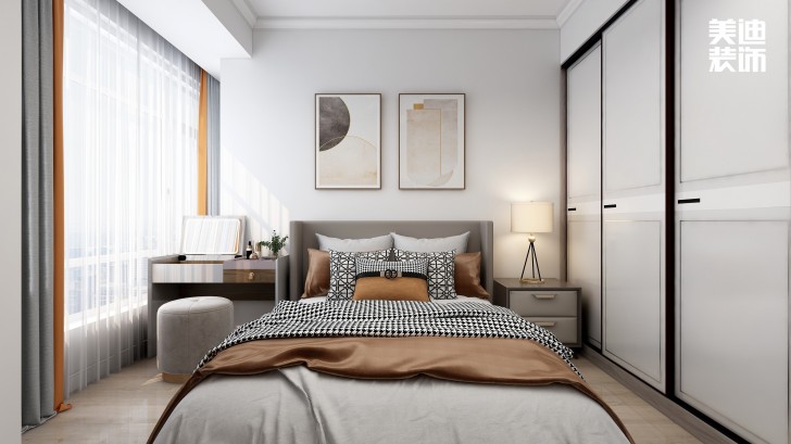 五矿万境水岸95㎡北欧轻奢风格案例效果图—卧室
