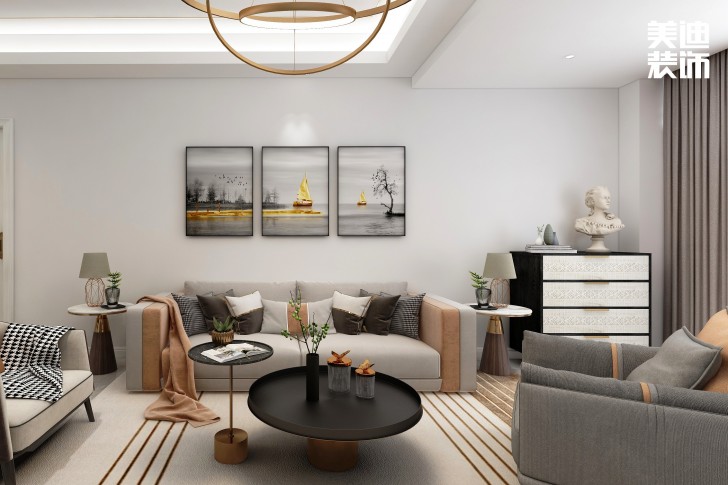 五矿万境水岸95㎡北欧轻奢风格案例效果图—客厅