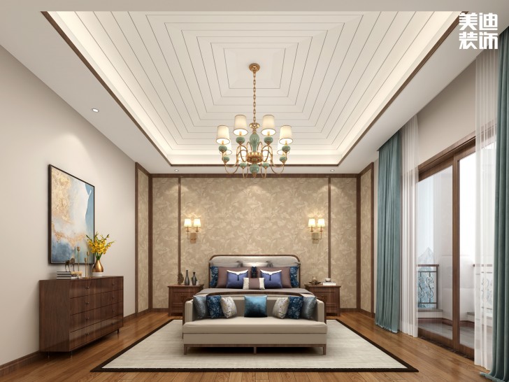 龙桥御园400㎡简中风格案例效果图—卧室