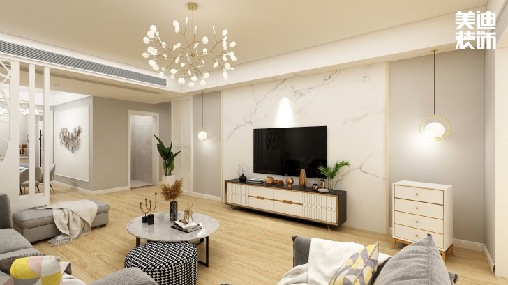 银桂苑140㎡简约风装修案例效果图—客厅