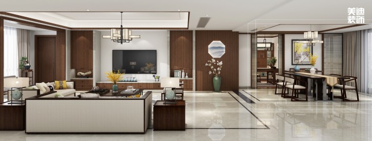 龙桥御园400㎡简中风格案例效果图—客厅