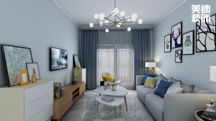 叠彩兰亭90㎡现代简约风装修案例效果图-客厅