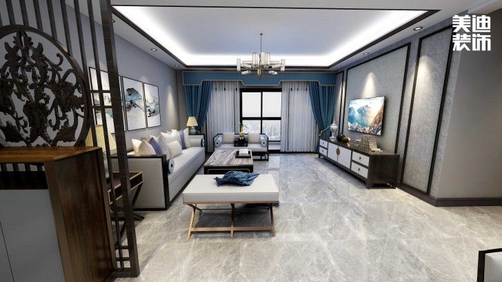 御文臺133㎡新中式风装修案例效果图-客厅
