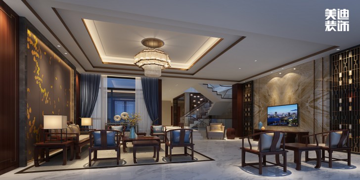 华发世纪城430㎡新中式风装修案例效果图-客厅