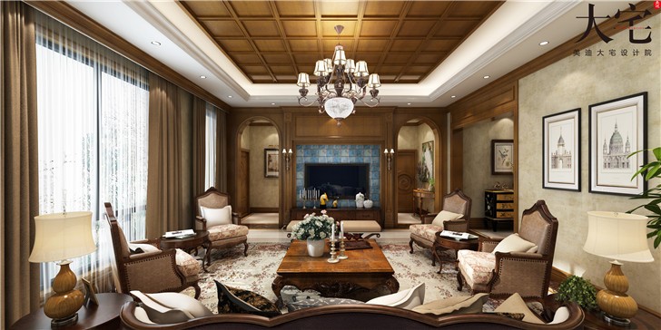龙湖湘风原著300平美式风装修案例图—客厅