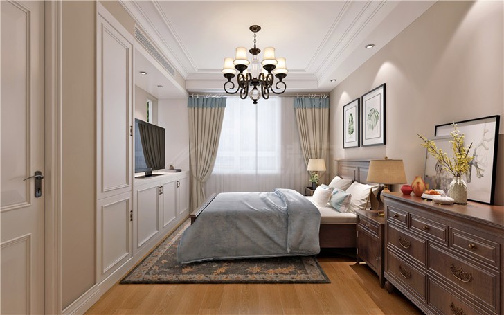 龙湖湘风原著120平美式风装修案例图—卧室