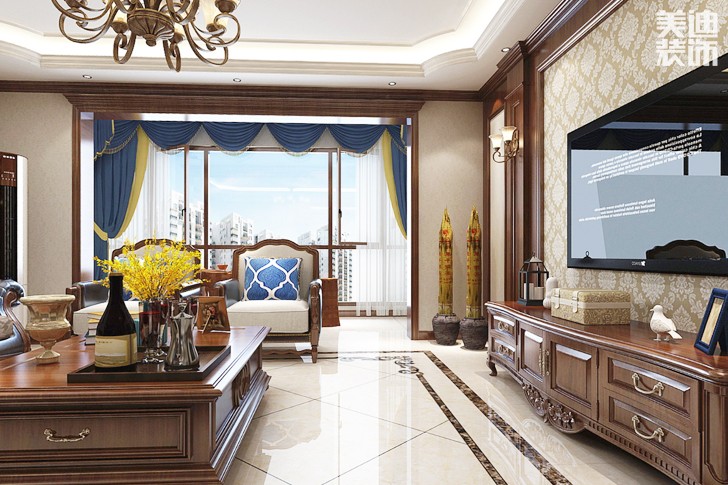和泰家园190平米美式风格案例效果图--客厅