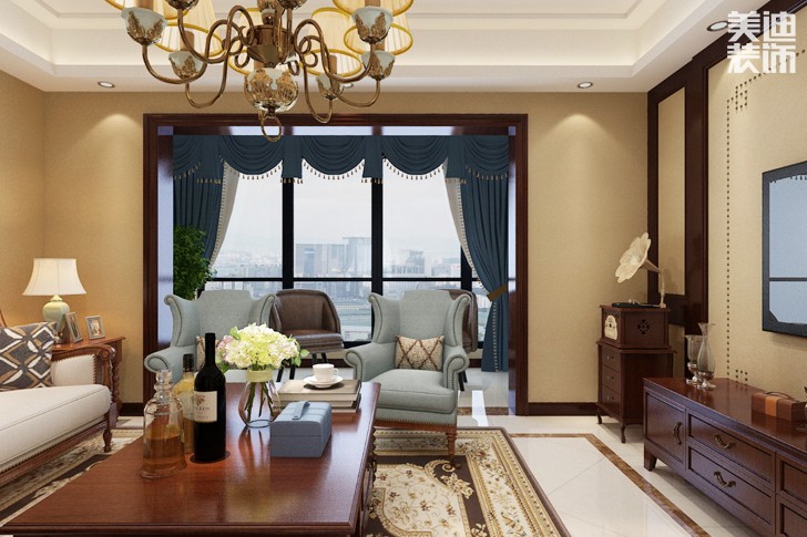 世纪融苑120平米美式风格案例图--客厅