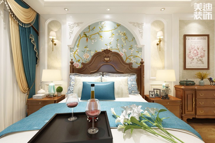 绿都海外滩180平米美式风格装修案例图--卧室