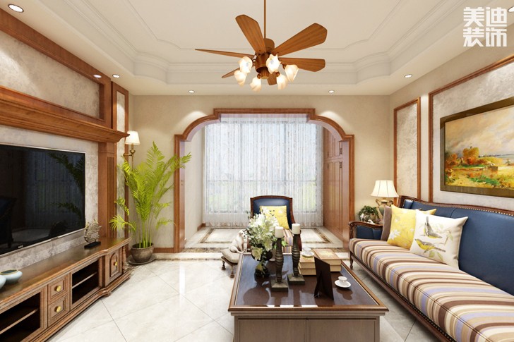 梅溪湖金茂悦130平米美式风格装修案例效果图--客厅