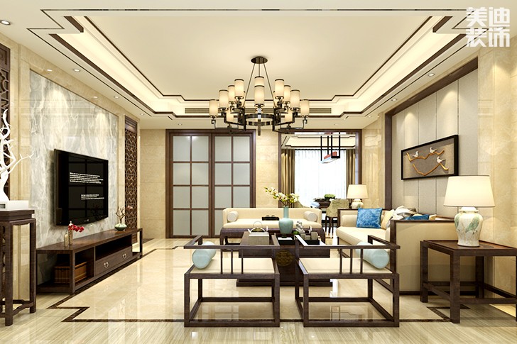 鑫远尚玺168平米中式风格装修案例效果图--客厅