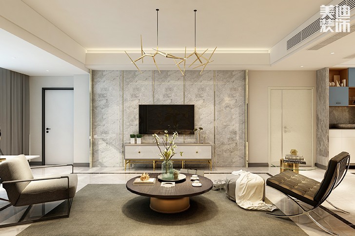 五矿万镜园169平米现代轻奢风格装修案例效果图--客厅
